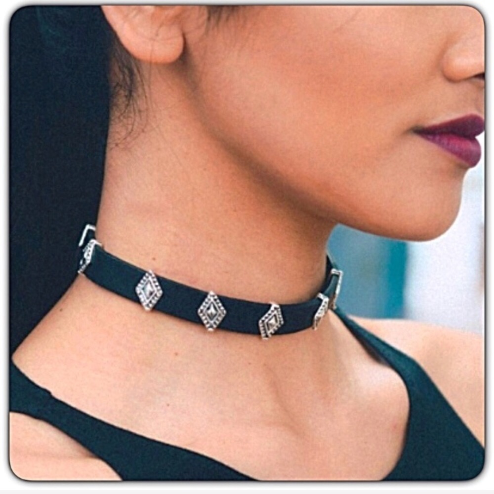 Faux Black Leather Adjustable Choker Silver Charms - Picture 3 of 3